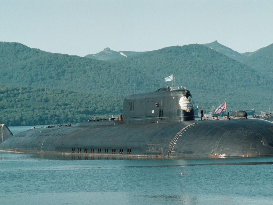 The Russian nuclear submarine K-141 Kursk docked at a northern Russian home base port.