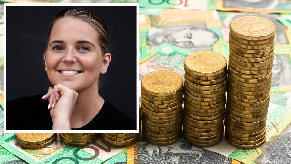 Rachel Tucker smiles at the camera, image of Australian $100 notes with $1 coins stacked in increasing piles in investing concept. 