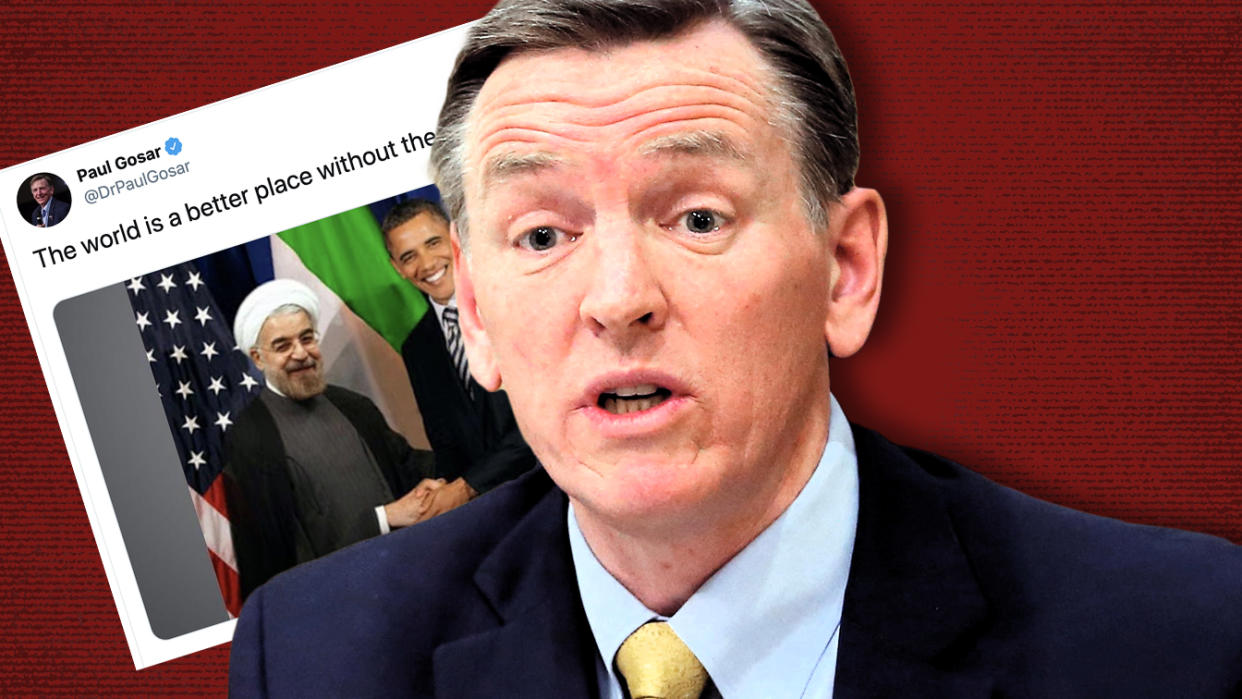 Congressman Paul Gosar and his tweet of a Photoshopped image. (Photo illustration: Yahoo News; photo: AP)