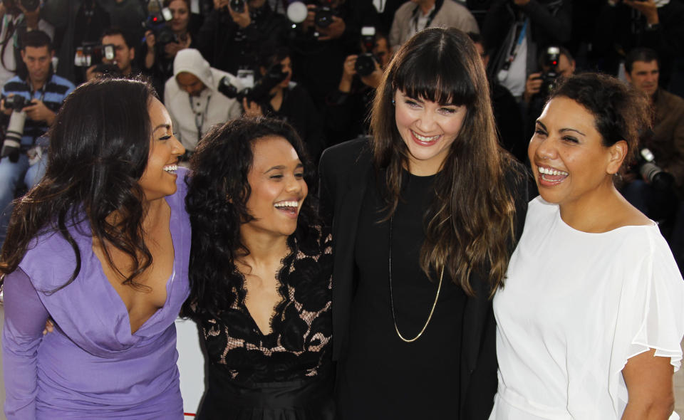 Actresses Jessica Mauboy, left, Miranda Tapsell, Shari Sebbens and Deborah Mailman pose during a photo call for The Sapphires at the 65th international film festival, in Cannes, southern France, Sunday, May 20, 2012. (AP Photo/Joel Ryan)