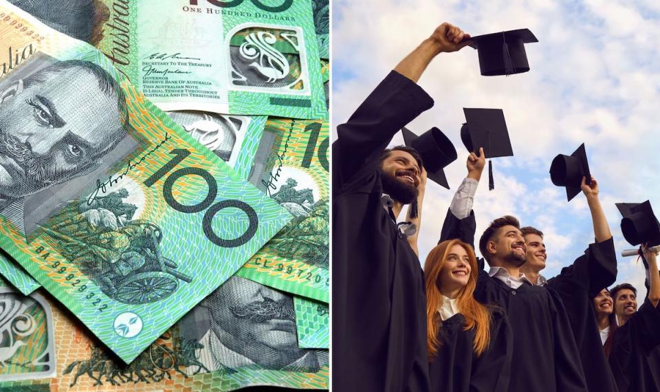 Compilation image of pile of $100 Australia dollar notes and graduates throwing their hats in the air