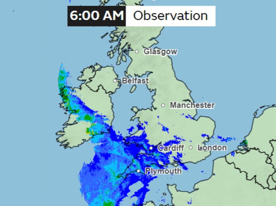 By 6am, rain will cover more regions of England and Wales. Areas in green can see up to 2-4mm per hour of rain, considered heavy, according to Met Office (Met Office)