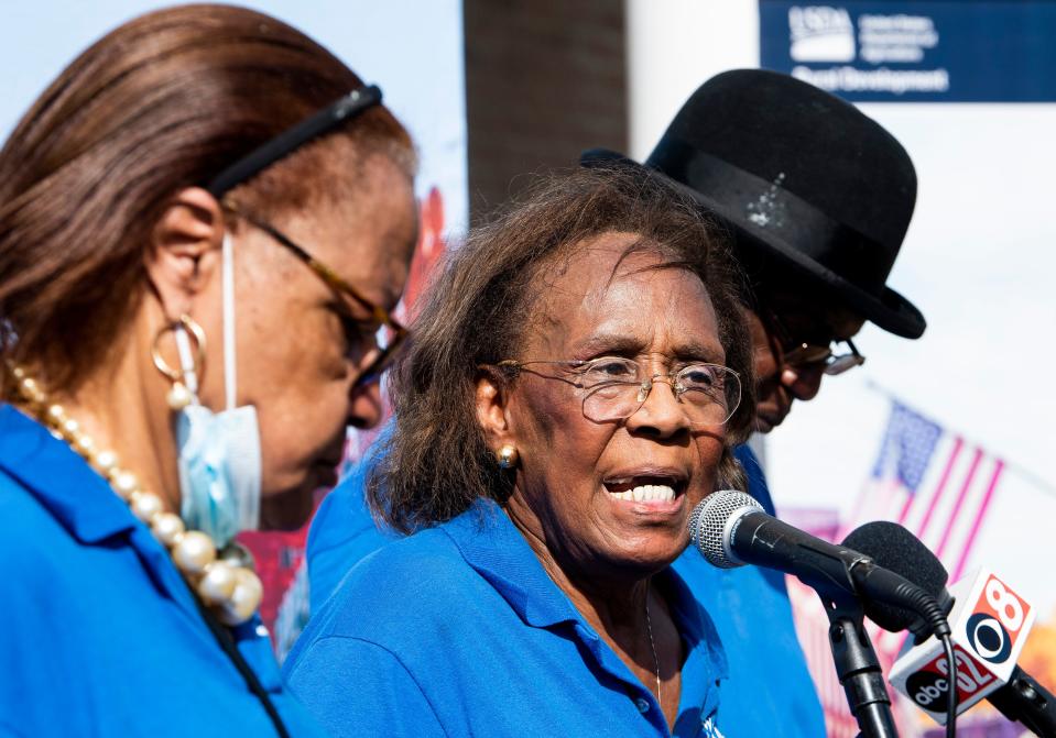 West Dallas Water Authority board of directors, from left,Rosa Honor, Maggie Drake-Peterson and Herbert Blackmon speak as a groundbreaking ceremony is held for the West Dallas Water Authority Bogue Chitto Water Expansion Project near Marion Junction, Ala., on Monday November 7, 2022. 