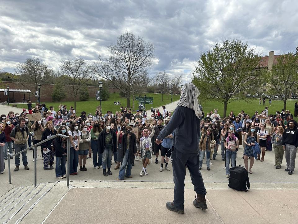 Students attend a rally at the University of Vermont in Burlington, Vt., Thursday, May 2, 2024. They are demanding that the school disclose its investments, divest from Israeli companies and weapons' manufacturers, and cancel commencement speaker Linda Thomas-Greenfield, the U.S. ambassador to the United Nations. (AP Photo/Lisa Rathke)