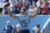 Tennessee Titans wide receiver Nick Westbrook-Ikhine celebrates after scoring a touchdown against the Indianapolis Colts in the first half of an NFL football game Sunday, Sept. 26, 2021, in Nashville, Tenn. (AP Photo/Mark Zaleski)