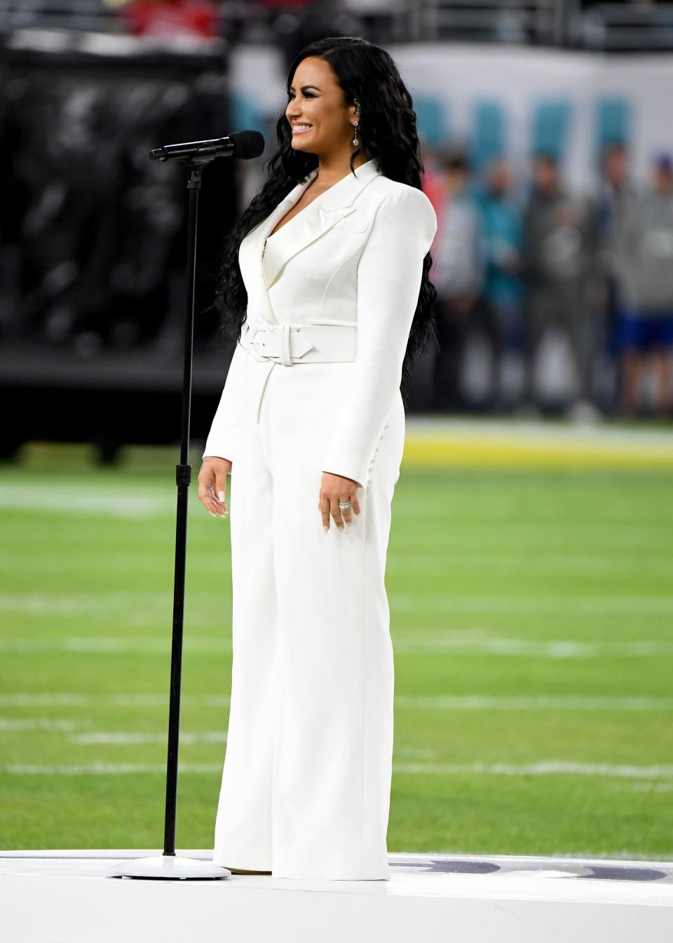 Demi Lovato sings the national anthem at Super Bowl LIV in Miami on Feb. 2.