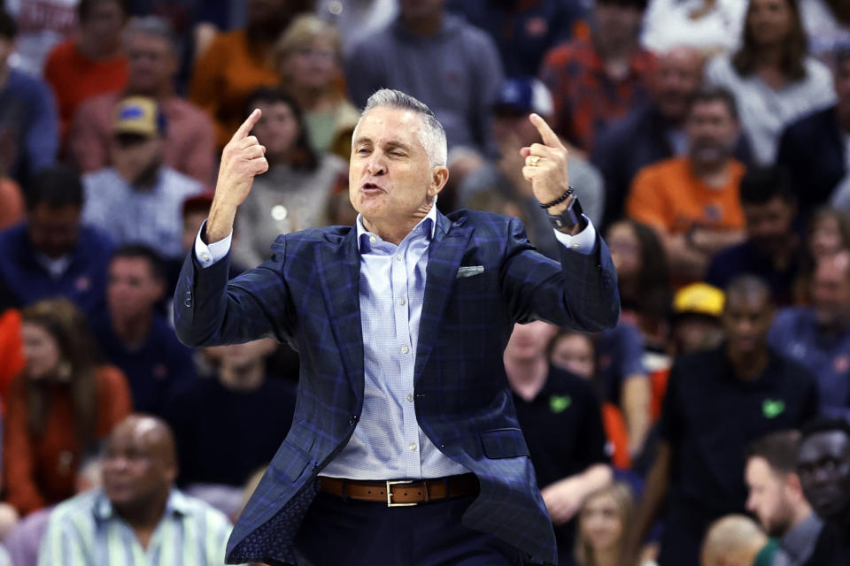 South Florida coach Brian Gregory reacts to a play during the first half of the team's NCAA college basketball game against Auburn on Friday, Nov. 11, 2022, in Auburn, Ala. (AP Photo/Butch Dill)