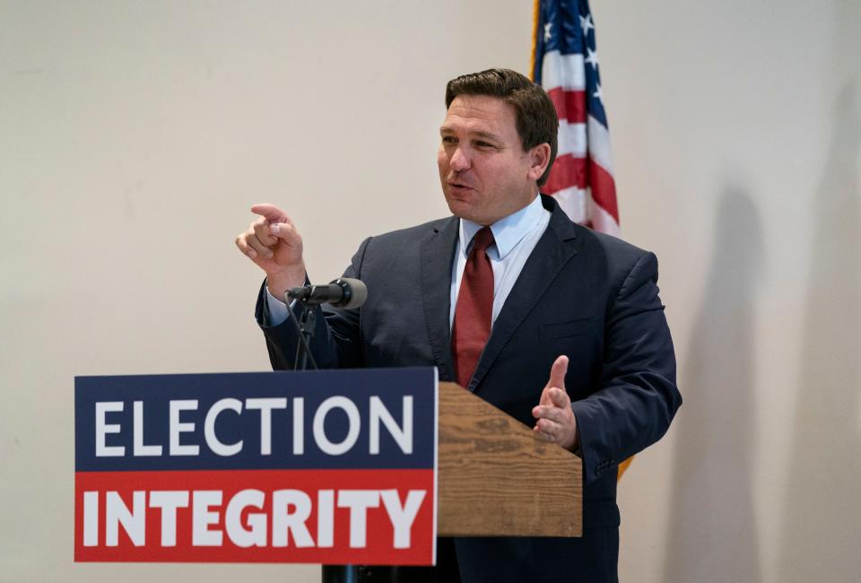 Florida Governor Ron DeSantis speaks at a news conference at the Hilton Palm Beach Airport hotel in West Palm Beach, Florida on November 3, 2021. 