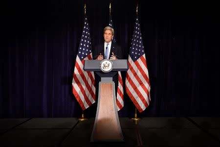 U.S. Secretary of State John Kerry speaks with the media after meeting Russian Foreign Minister Sergei Lavrov and other officials for the International Syria Support Group meeting at the Palace Hotel in Manhattan, New York, U.S., September 22, 2016. REUTERS/Darren Ornitz