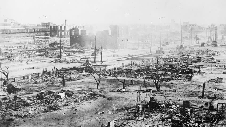 The Greenwood neighborhood is seen in ruins after a mob passed during the race massacre in Tulsa, Oklahoma, on June 1, 1921. - American National Red Cross/Library of Congress/Reuters