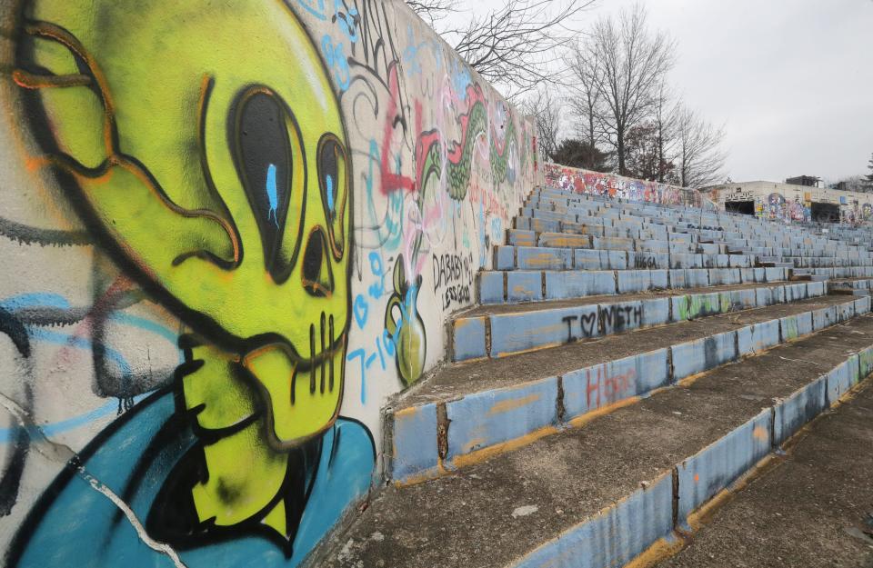 Colorful graffiti covers the Rubber Bowl in Akron.
