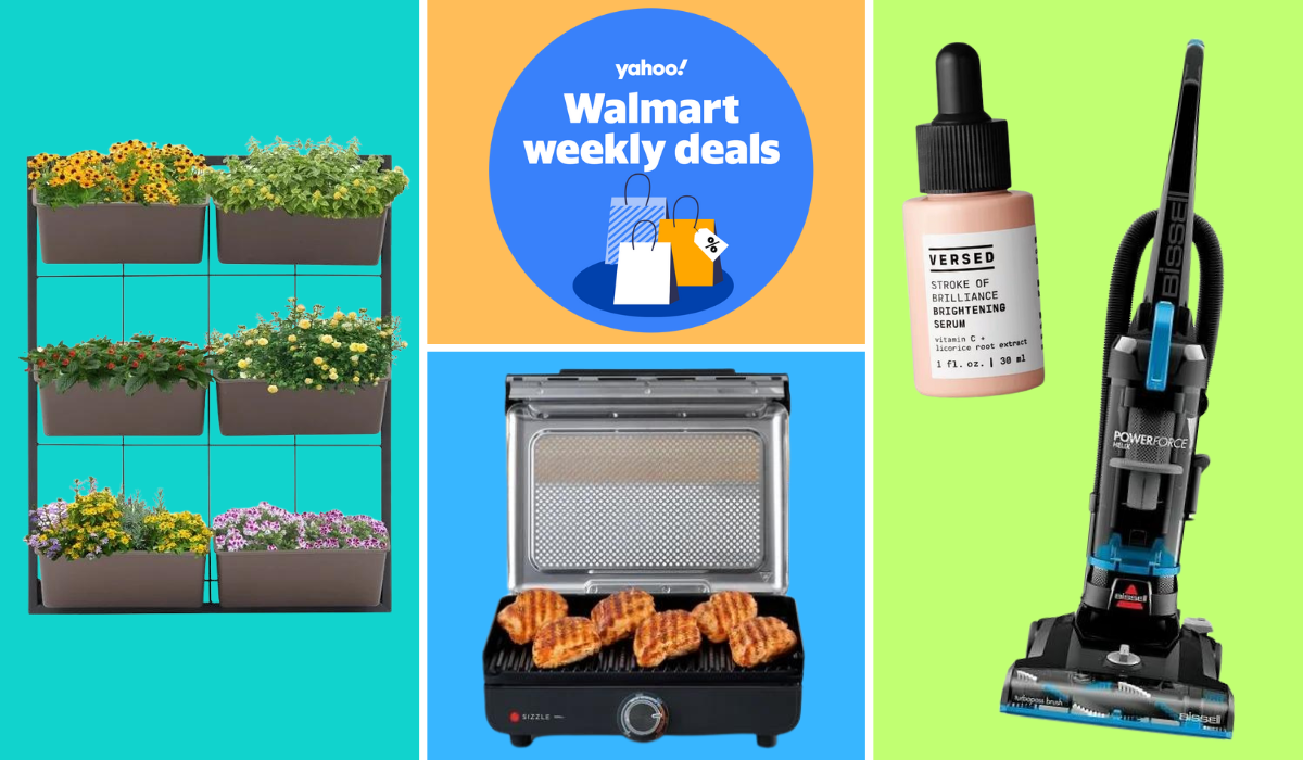 A six-planter vertical garden, Ninja indoor grill, Versed brightening serum bottle and Bissell upright vacuum, along with a Yahoo badge reading: Walmart weekly deals.