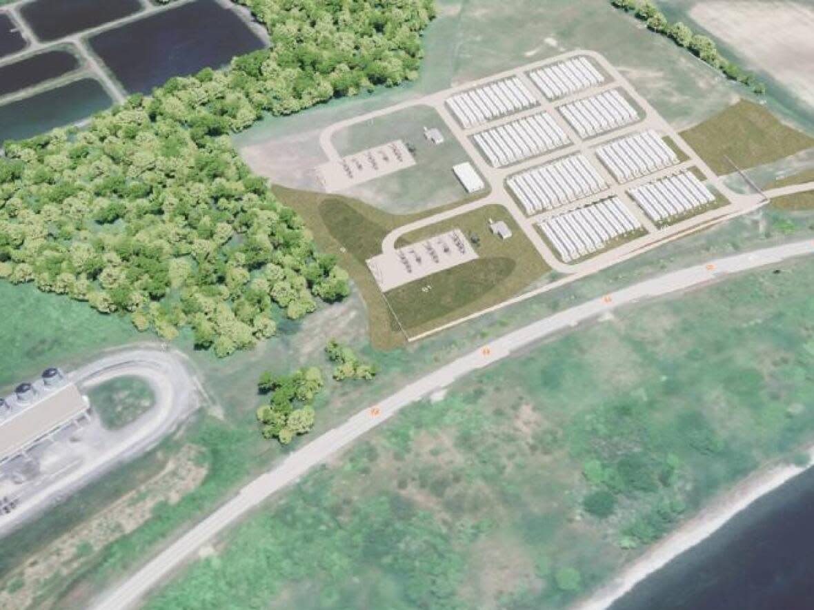 Atura Power presented this rendering in public meetings in January 2023 of a 500-megawatt battery storage system beside its generating plant in Greater Napanee. The provincial electricity operator approved half that size in May 2023. (Atura Power - image credit)