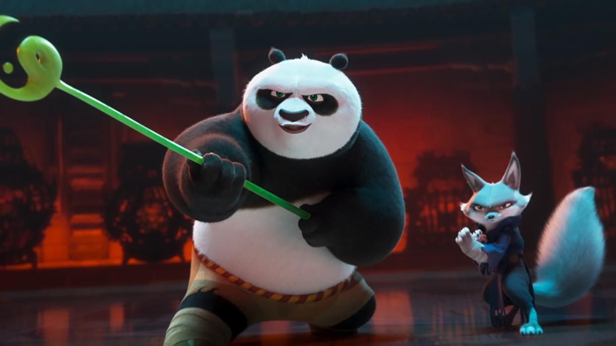  Jack Black as Po and Awkwafina as Zhen in Kung Fu Panda 4. 