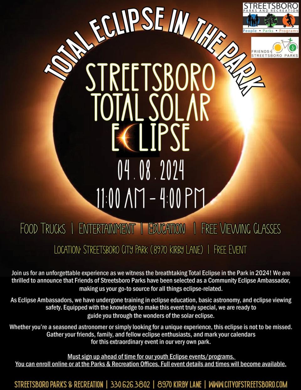 Streetsboro will host an eclipse watch party titled "Total Eclipse in the Park."