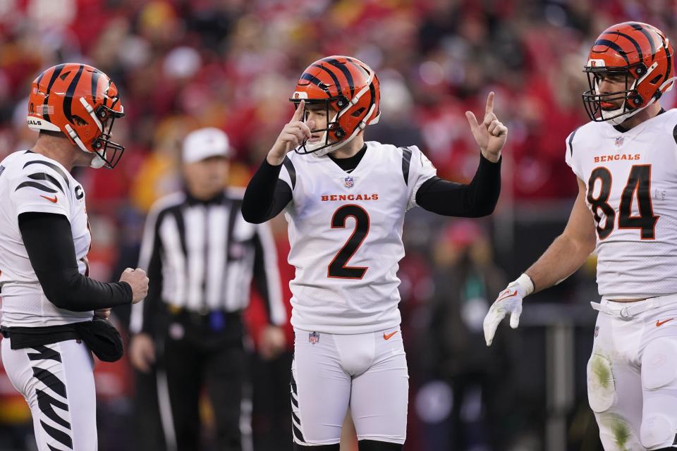 Cincinnati Bengals kicker Evan McPherson (2) celebrates after kicking a 52-yard field goal during the second half of the AFC championship NFL football game against the Kansas City Chiefs, Sunday, Jan. 30, 2022, in Kansas City, Mo. (AP Photo/Charlie Riedel)