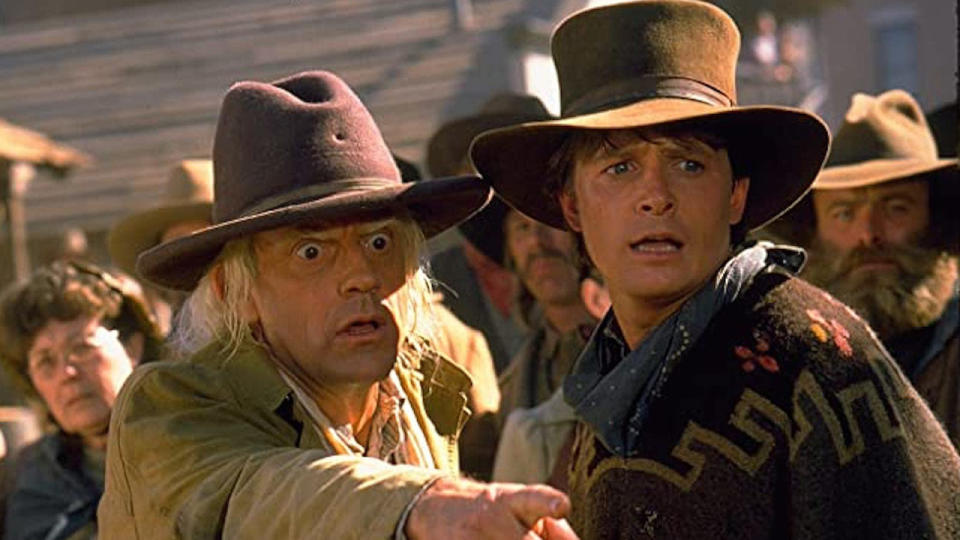 Marty and Doc in Back to the Future 3.