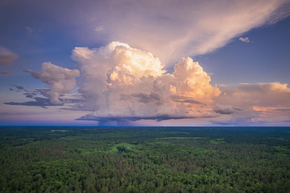 Summertime Storms by Wright Dobbs, taken with a drone, is one of the weather photographs on display at Tallahassee's City Hall gallery through Sept. 21, 2023.
