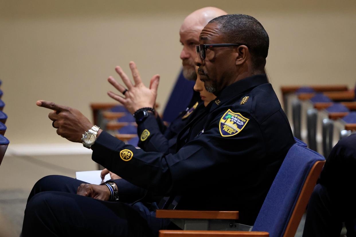 Jacksonville Sheriff T.K. Waters acknowledges the council during a City Council workshop regarding the Office of General Counsel’s legal memorandum Thursday, Jan. 25, 2024 at City Hall in Jacksonville, Fla. City Council questioned city lawyers about the process of crafting the opinion meant to justify the removal of two statues from the "Women of the Southland" Confederate monument in Springfield Park on Dec. 27, 2023. [Corey Perrine/Florida Times-Union]