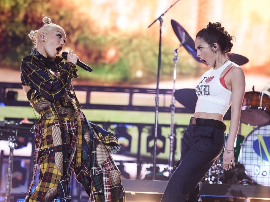 Gwen Stefani of No Doubt and Olivia Rodrigo perform at the Coachella Stage during the 2024 Coachella Valley Music and Arts Festival at Empire Polo Club on April 13, 2024 in Indio, California.