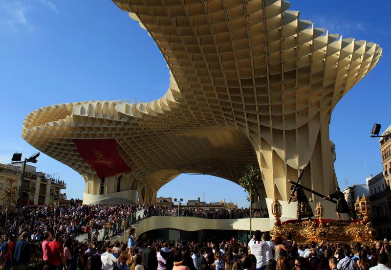 FILE PHOTO: Statue of Christ of "Las Penas" of San Roque brotherhood is seen by the crowd during a procession in the Andalusian capital Seville