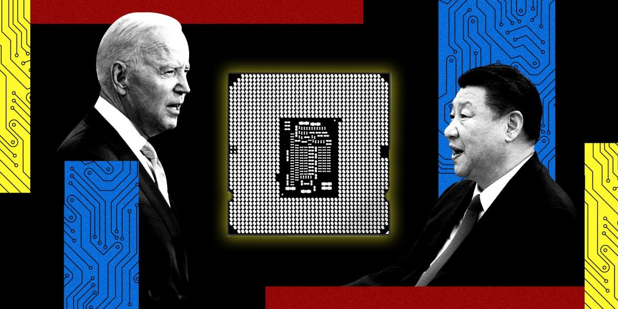 Joe Biden and Xi Jinping facing off in front of computer chip 2x1