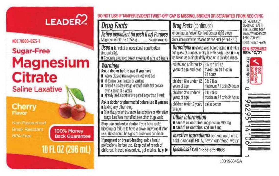 A deconstructed box of Leader Magnesium Citrate laxative, cherry flavor.