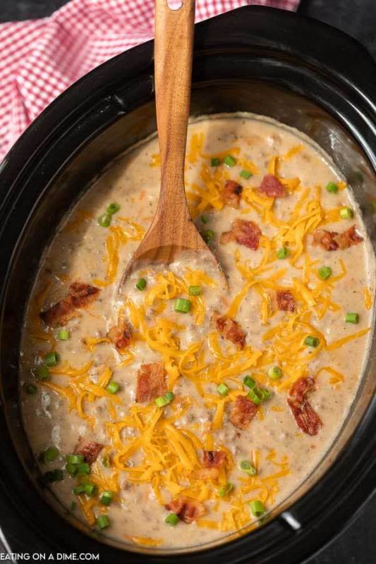 <p>Eating on a Dime</p><p>Potato soup with cheese and hamburger! It may not have pickles in it but it sure does taste like cheeseburger.</p><p><strong>Get the recipe: <a href="https://www.eatingonadime.com/crock-pot-cheeseburger-soup-recipe/" rel="nofollow noopener" target="_blank" data-ylk="slk:Crock Pot Cheeseburger Soup;elm:context_link;itc:0;sec:content-canvas" class="link ">Crock Pot Cheeseburger Soup</a></strong></p>