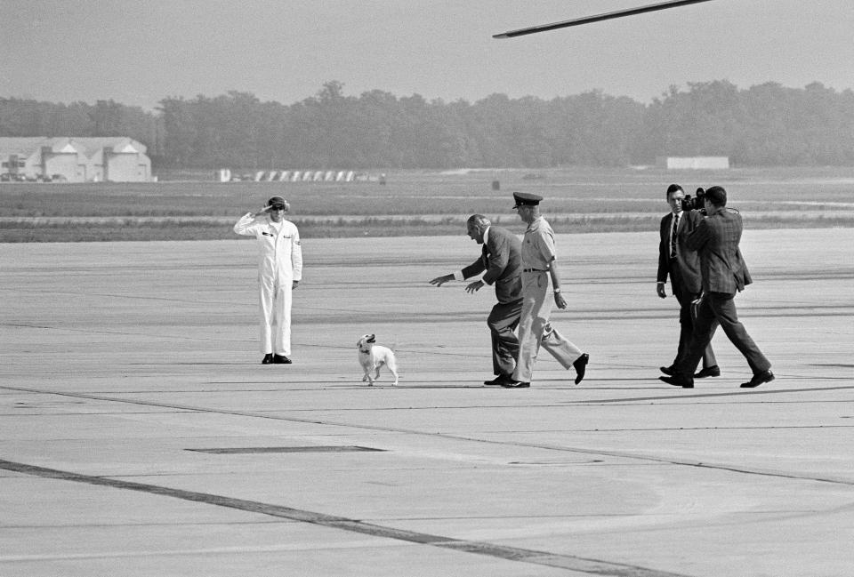 President Lyndon Johnson trots after his dog Yuki on an airplane tarmac in 1968.