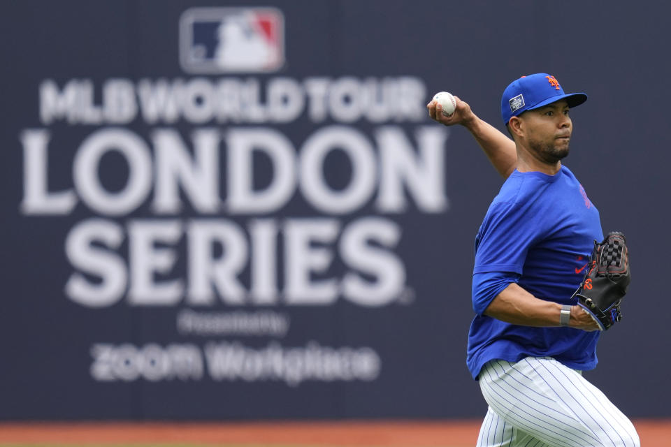 New York Mets Jose Quintana during a workout day at the London stadium in London, Friday, June 7, 2024. New York Mets will play games against Philadelphia Phillies at the stadium on June 8 and June 9. (AP Photo/Kirsty Wigglesworth)