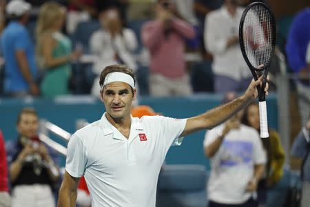 Mar 23, 2019; Miami Gardens, FL, USA; Roger Federer of Switzerland waves to the crowd after his match against Radu Albot of Moldova (not pictured) in the second round of the Miami Open at Miami Open Tennis Complex. Mandatory Credit: Geoff Burke-USA TODAY Sports