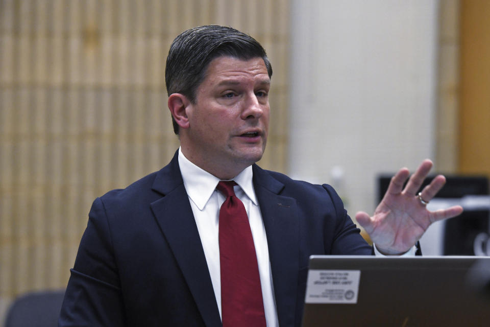 Defense attorney Frank Riccio delivers his closing arguments to the jury on the eighth day of State Trooper Brian North's trial in Connecticut Superior Court, in Milford, Conn., Wednesday, March 13, 2024. North is charged with manslaughter for shooting 19-year-old Mubarak Soulemane in January 2020 in West Haven after a chase from Norwalk on Interstate 95. (Ned Gerard/Hearst Connecticut Media via AP, Pool)