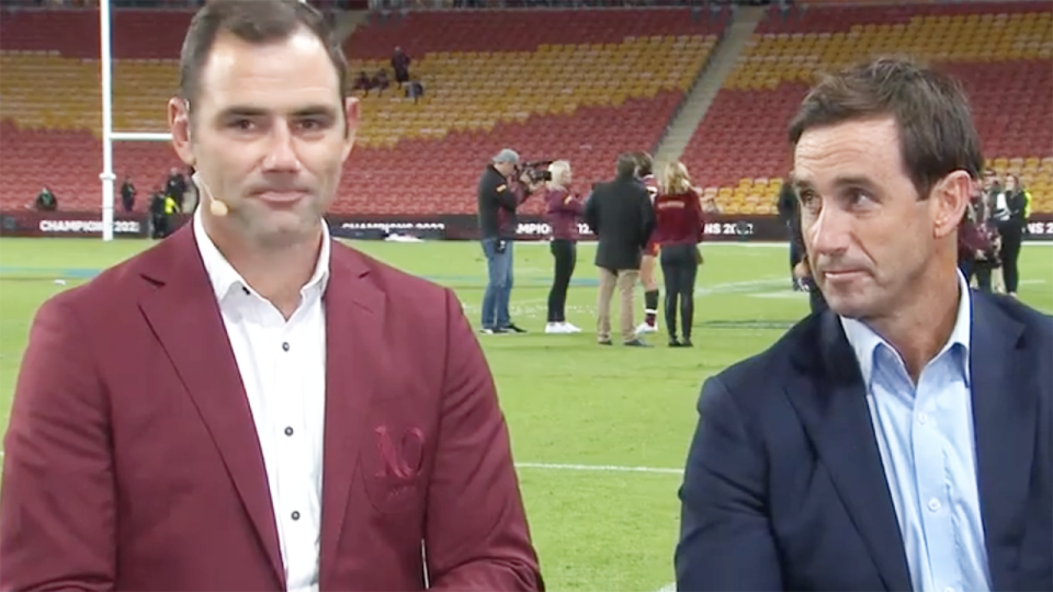 Cameron Smith and Andrew Johns are picture on Channel 9's State of Origin broadcast.