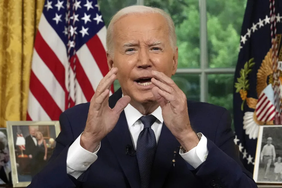 President Joe Biden addresses the nation from the Oval Office of the White House in Washington, Sunday, July 14, 2024, about the assassination attempt of Republican presidential candidate former President Donald Trump at a campaign rally in Pennsylvania. (Erin Schaff/Pool via AP)