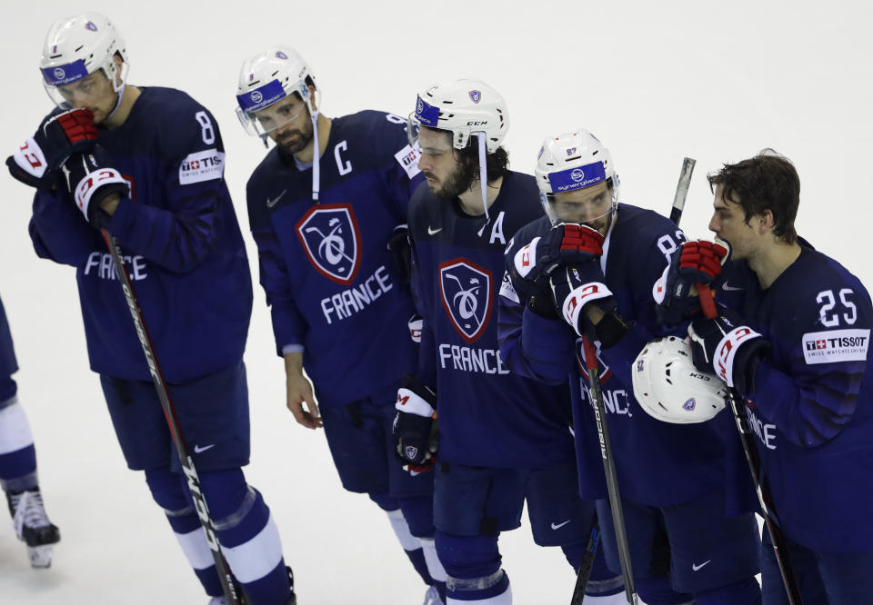 Players of France after loosing the Ice Hockey World Championships group A match between France and Great Britain at the Steel Arena in Kosice, Slovakia, Monday, May 20, 2019. (AP Photo/Petr David Josek)