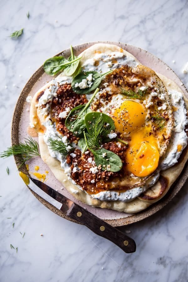 <strong>Get the <a href="https://www.halfbakedharvest.com/turkish-fried-eggs-in-herbed-yogurt/?highlight=eggs" target="_blank">Turkish Fried Eggs in Herbed Yogurt </a>recipe from Half Baked Harvest</strong>