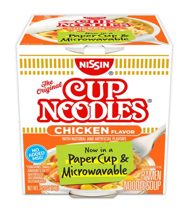 Cup Noodles will soon be sold in a paper cup made with recycled material and able to be microwaved. (Nissin Foods)