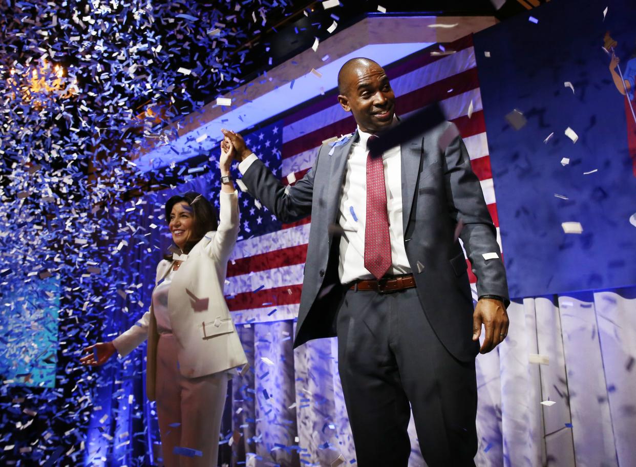 Gov. Kathy Hochul, left, and Lt. Gov. Antonio Delgado, right, celebrate at Tribeca 360 in Manhattan, Tuesday night. 