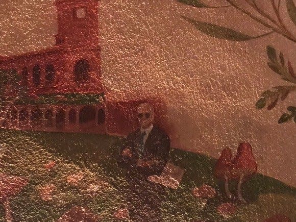 A close-up of the tiny portrait of Joe Biden in his Joe Cool aviators that is part of the mural at The Quoin hotel in Wilmington. President Biden dined at the hotel on March 18, 2023, and viewed the portrait.