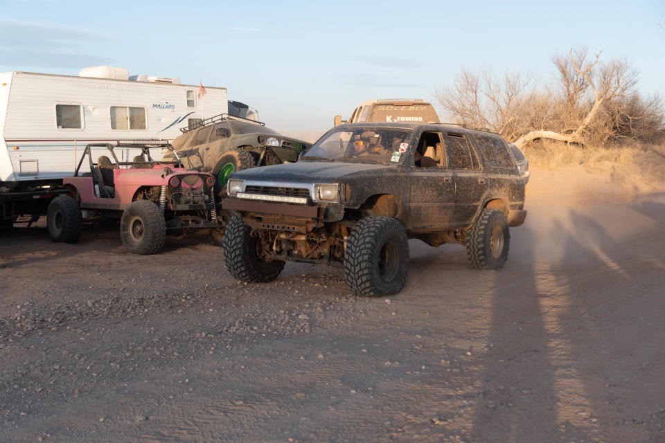 A truck rolls through at the annual Sand Dregs event Saturday at the Canadian River north of Amarillo.