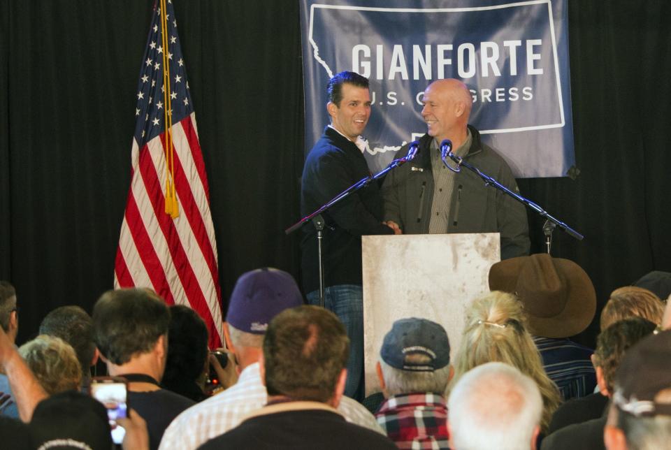 Donald Trump Jr. joins Gianforte at a rally in East Helena, Montana, on May 11, 2017