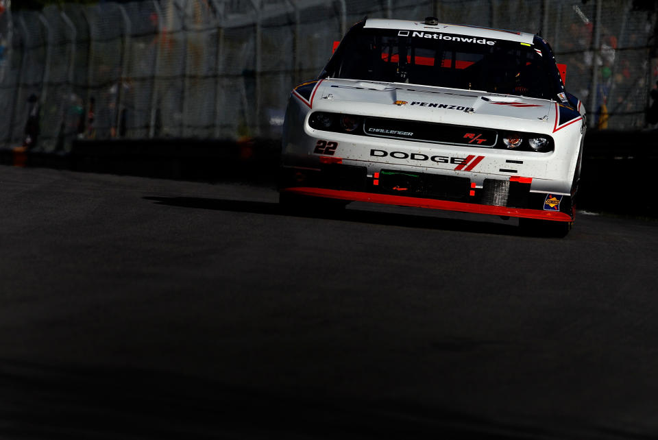 MONTREAL, QC - AUGUST 18: Jacques Villeneuve, driver of the #22 Dodge Dodge, leads the field during the NASCAR Nationwide Series sixth annual NAPA AUTO PARTS 200 presented by Dodge at Circuit Gilles Villeneuve on August 18, 2012 in Montreal, Quebec, Canada. (Photo by Tom Pennington/Getty Images for NASCAR)