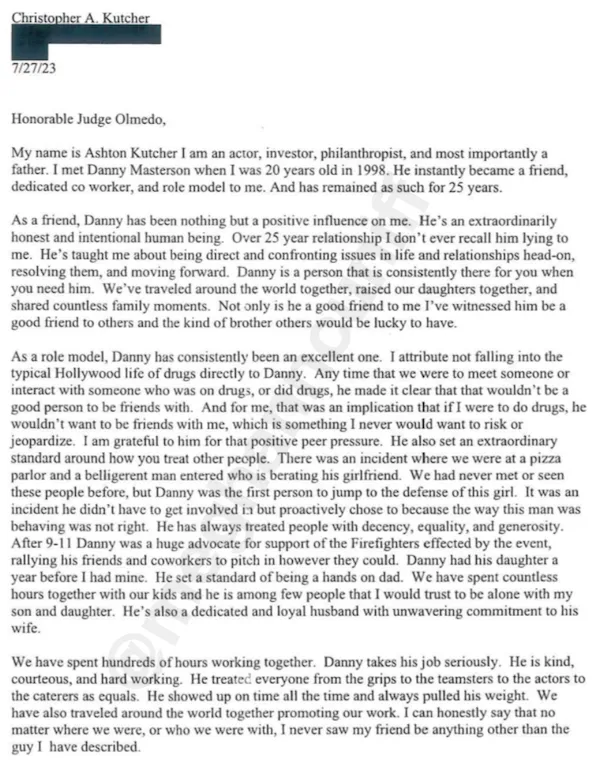 Ashton Kutcher wrote a letter to the judge in the Danny Masterson case, asking for leniency for his friend.