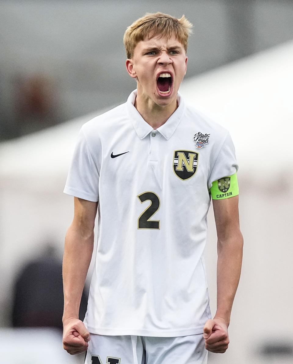 Noblesville Millers Blake Horn (2) yells in excitement Saturday, Oct. 28, 2023, during the IHSAA boys soccer Class 3A state championship at Michael Carroll Track & Soccer Stadium in Indianapolis. The Noblesville Millers defeated the Cathedral Fighting Irish, 2-0.