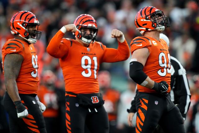 Cincinnati Bengals defensive end Sam Hubbard (94) celebrates with Trey  Hendrickson, right, after making a sack during an NFL football game against  the Kansas City Chiefs, Sunday, Dec. 4, 2022, in Cincinnati. (