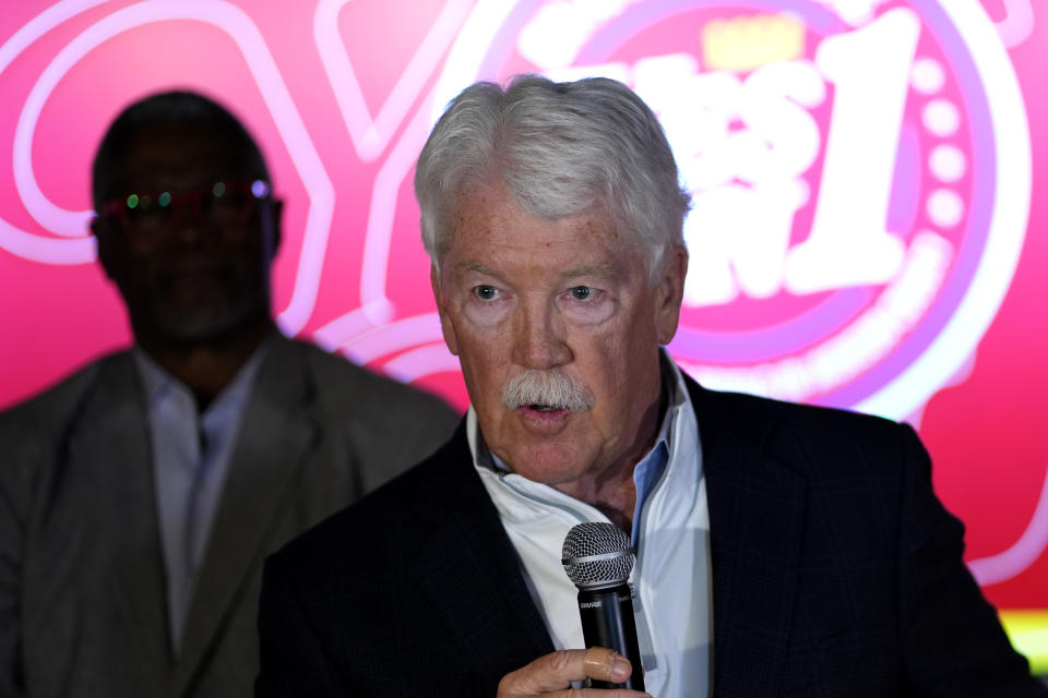 Kansas City Royals owner John Sherman address the crowd during an election watch party after voters rejected the extension of a sales tax to provide funding for a new baseball stadium for the Royals and renovations for the Kansas City Chiefs' football stadium Tuesday, April 2, 2024, in Kansas City, Mo. (AP Photo/Charlie Riedel)