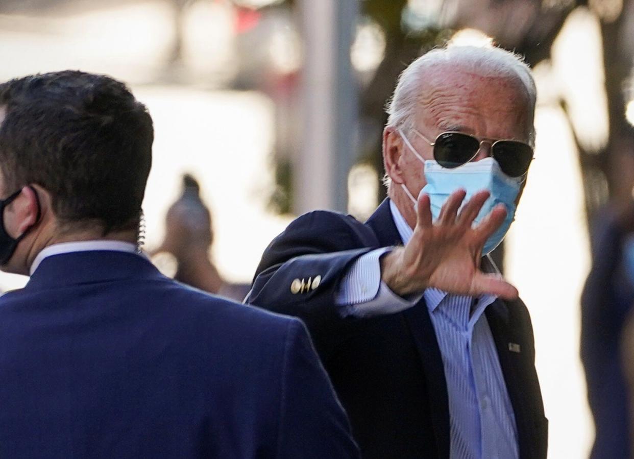 <p>Joe Biden arrives to Queen theatre in Wilmington, Delaware for a campaign briefing </p> (REUTERS)