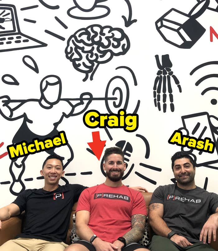 The teammates of [P]Rehab known as "the [P]Rehab Guys" pose in front of a mural