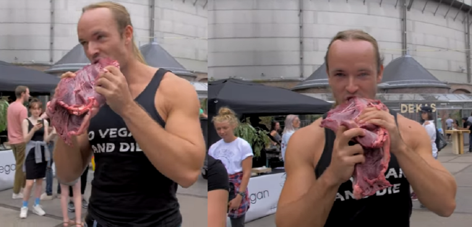 Este hombre comió un gran trozo de carne cruda frente a la concurrencia de un festival vegano y despertó la furia. Foto: YouTube.com/sv3rige