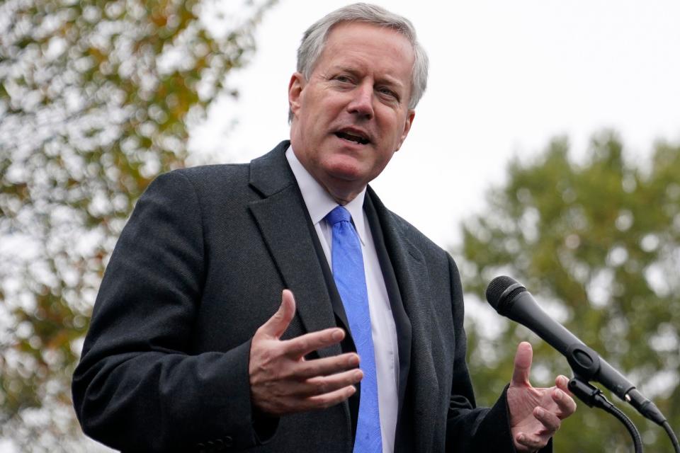 White House chief of staff Mark Meadows speaks with reporters outside the White House on Oct. 26, 2020, in Washington. A federal appeals court will hear arguments Friday, Dec. 15, 2023, over whether the election interference charges filed against Trump White House chief of staff Mark Meadows should be moved from a state court to federal court.